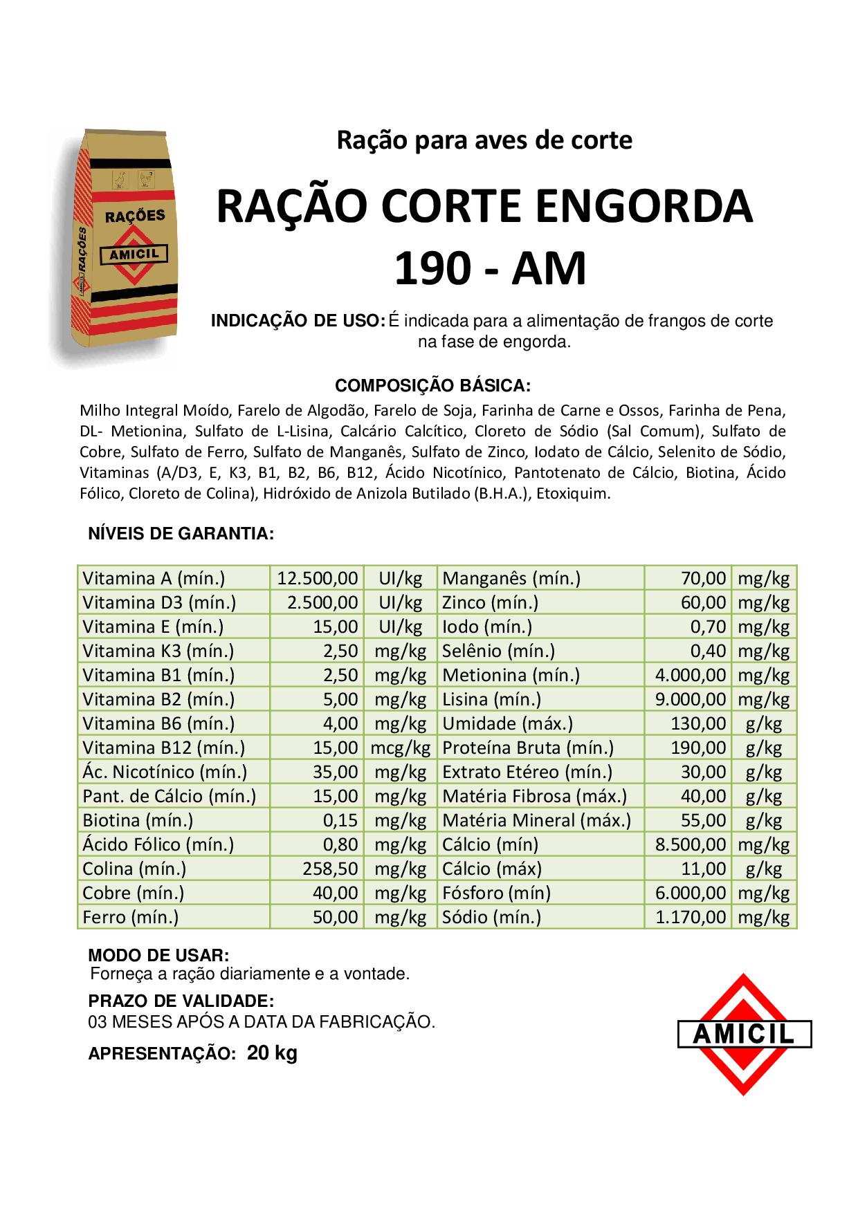 RAÇÃO CORTE ENGORDA 190-AM
