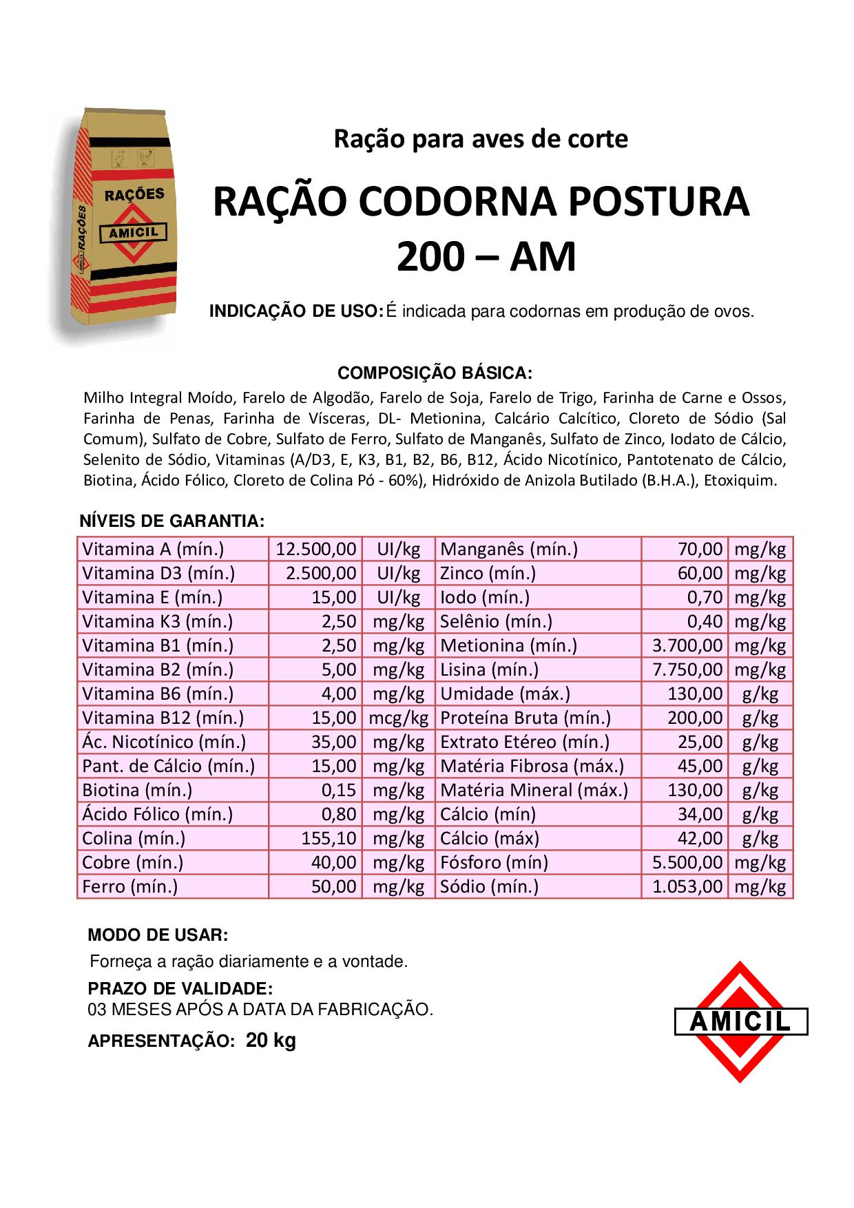 RAÇÃO CODORNA POSTURA 200-AM