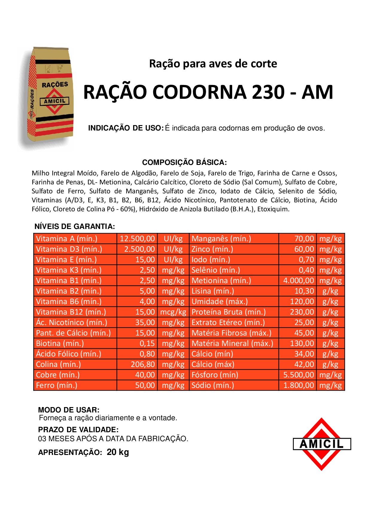 RAÇÃO CODORNA 230-AM