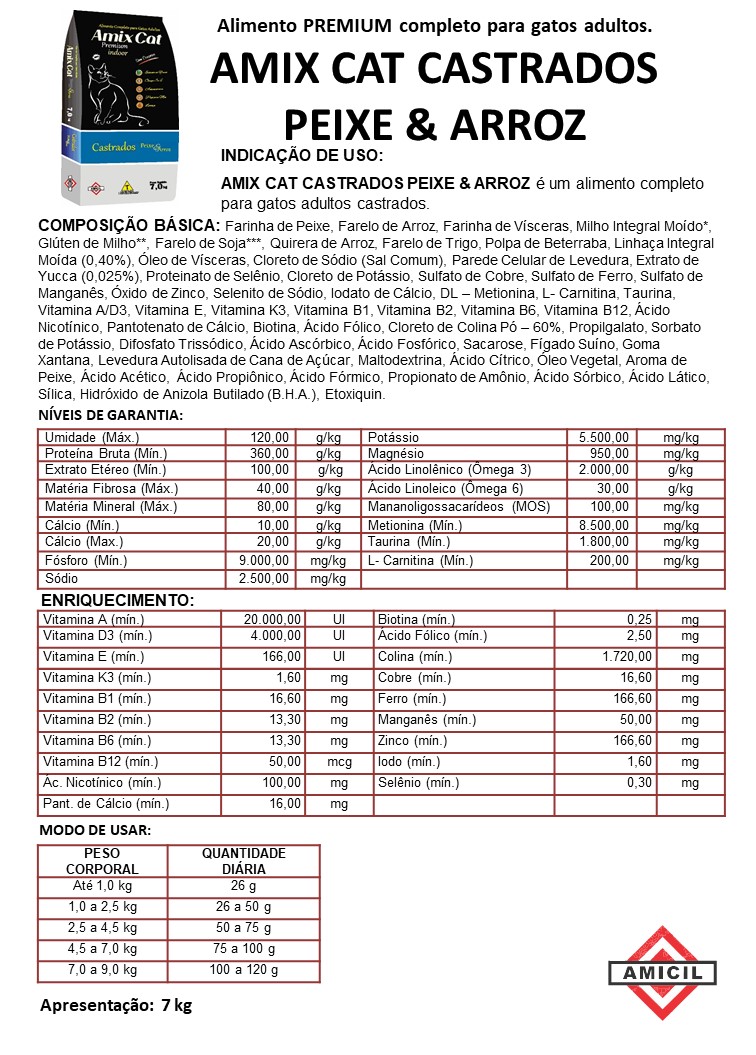 AMIX CAT CASTRADOS PEIXE E ARROZ-RAÇÃO-AMICIL-PET