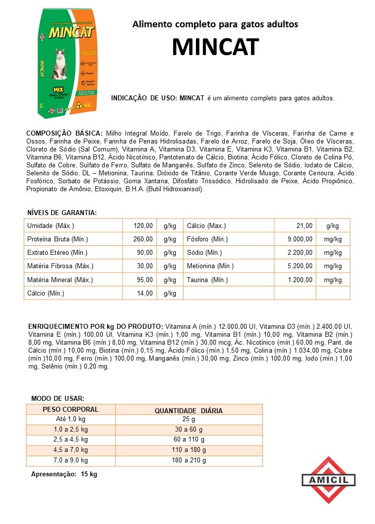 MINCAT é um alimento completo para gatos adultos.