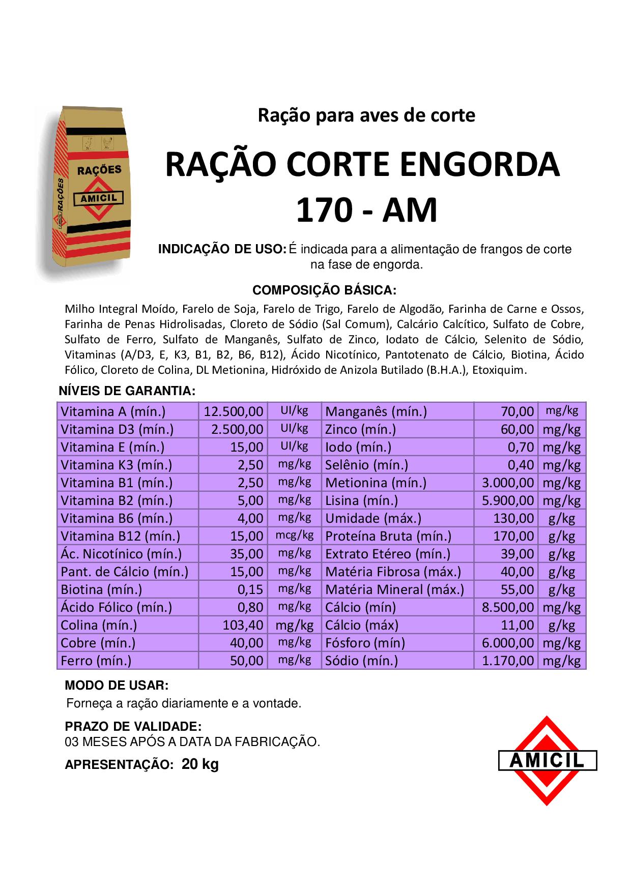RAÇÃO CORTE ENGORDA 170-AM