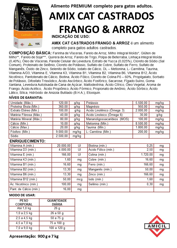 AMIX CAT CASTRADOS FRANGO E ARROZ-RAÇÃO-AMICIL-PET